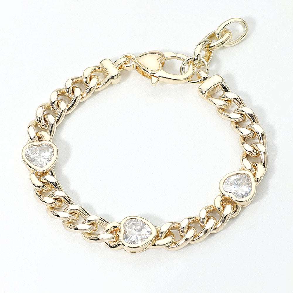 14K Gold Plated Heart CZ Gem Station Cuban Chain Bracelet M H W ACCESSORIES LLC 14K Gold Plated Heart CZ Gem Station Cuban Chain Bracelet