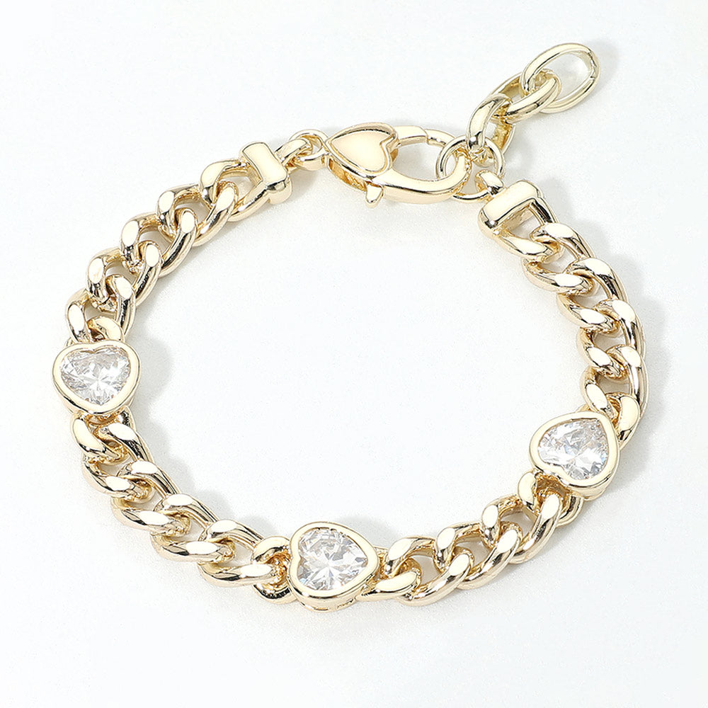 14K Gold Plated Heart CZ Gem Station Cuban Chain Bracelet M H W ACCESSORIES LLC 14K Gold Plated Heart CZ Gem Station Cuban Chain Bracelet