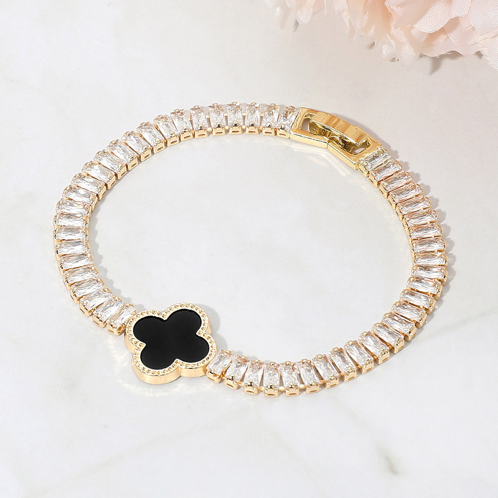 Quatrefoil Charm Station CZ Baguette Cluster Link Bracelet M H W ACCESSORIES LLC Quatrefoil Charm Station CZ Baguette Cluster Link Bracelet
