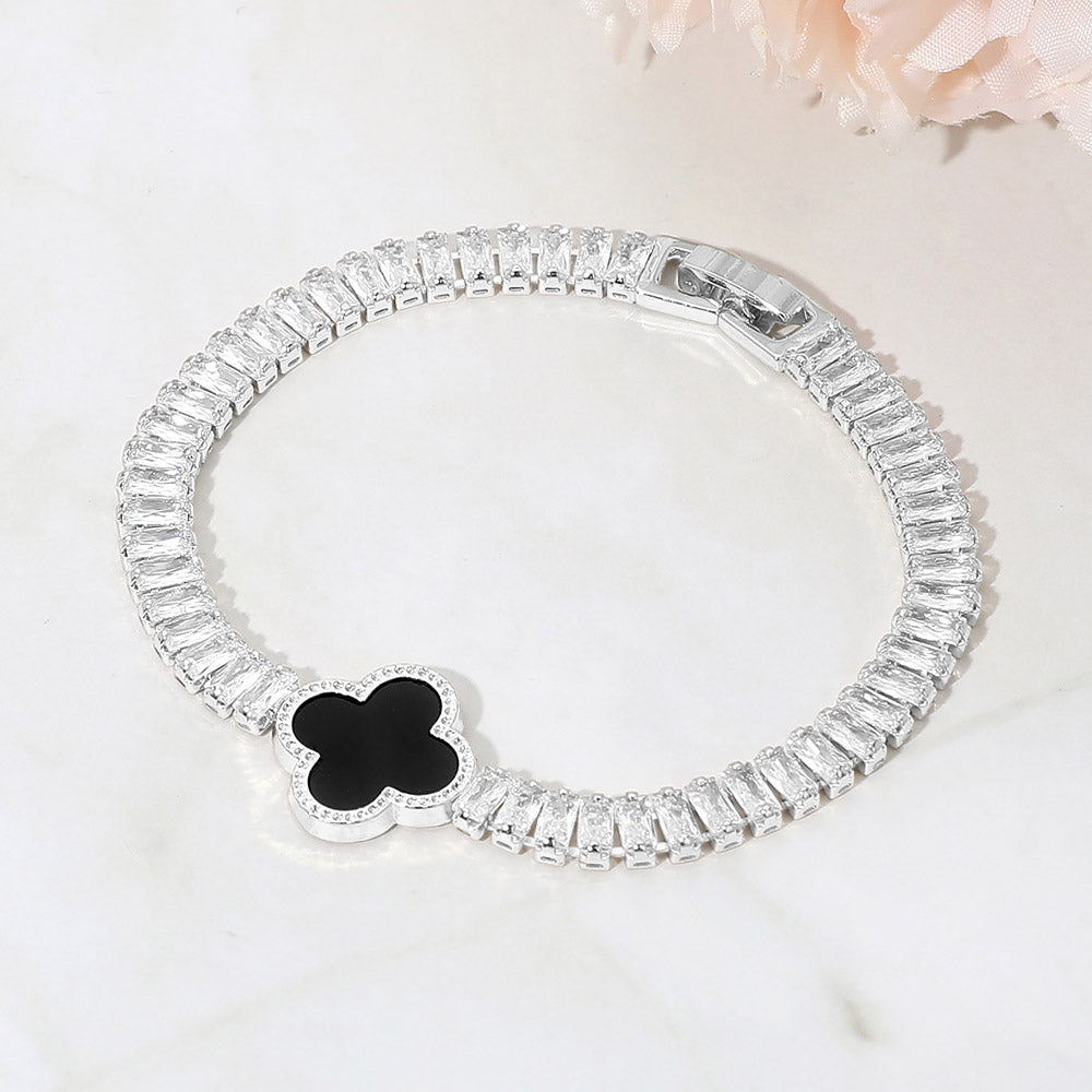 Quatrefoil Silver Charm Station CZ Baguette Cluster Link Bracelet M H W ACCESSORIES LLC Quatrefoil Silver Charm Station CZ Baguette Cluster Link Bracelet