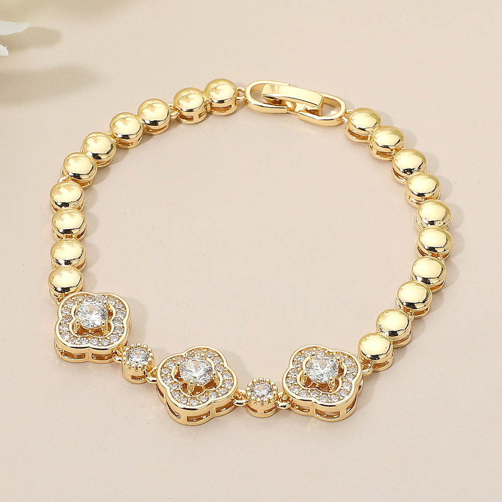 Triple CZ Quatrefoil Charm Link Beaded Bracelet - M H W ACCESSORIES LLC