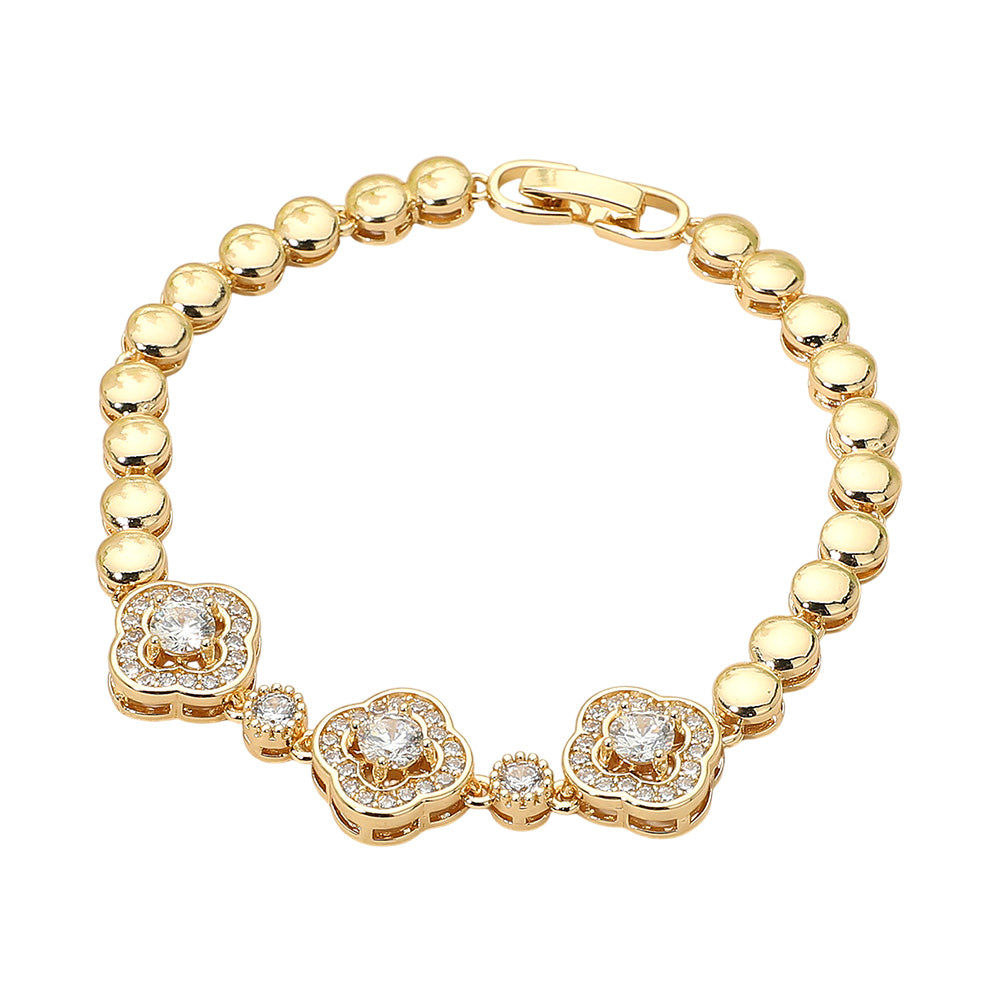 Triple CZ Quatrefoil Charm Link Beaded Bracelet - M H W ACCESSORIES LLC