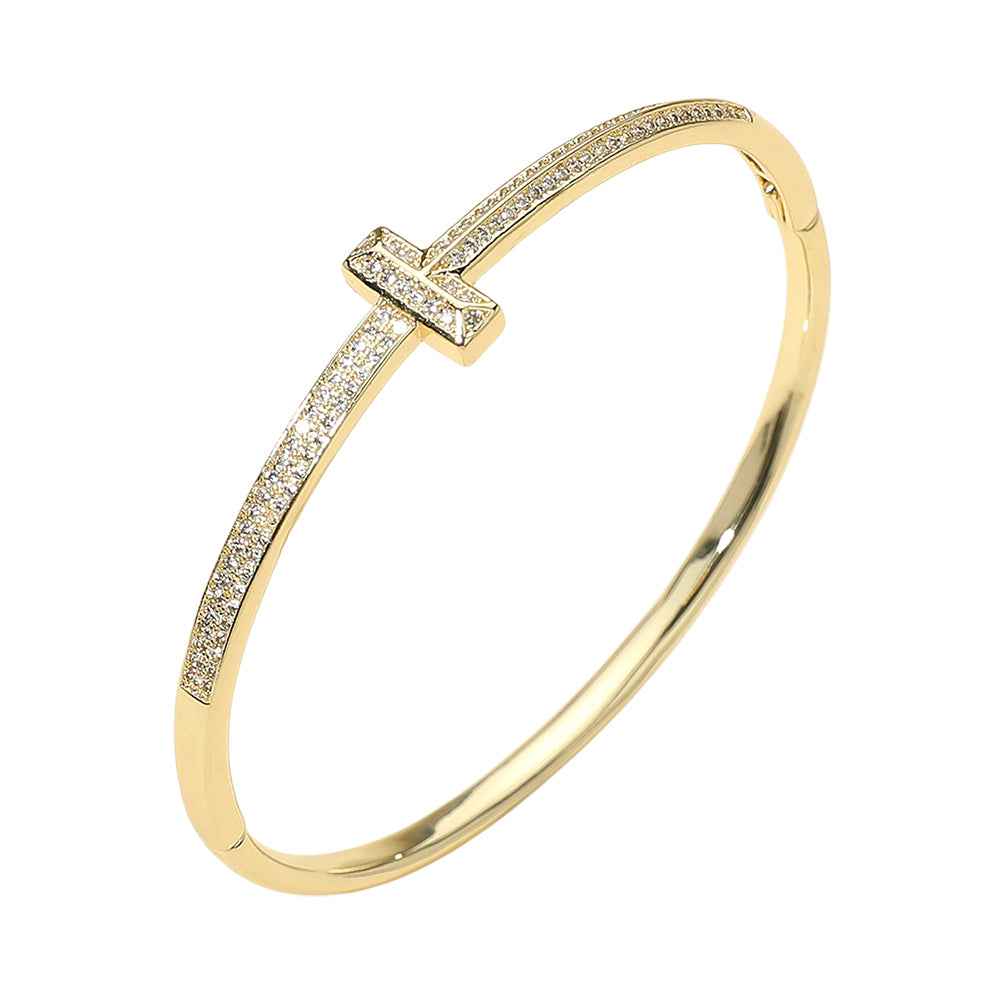 Gold Plated CZ Stone Paved T-bar Hinged Bangle Bracelet