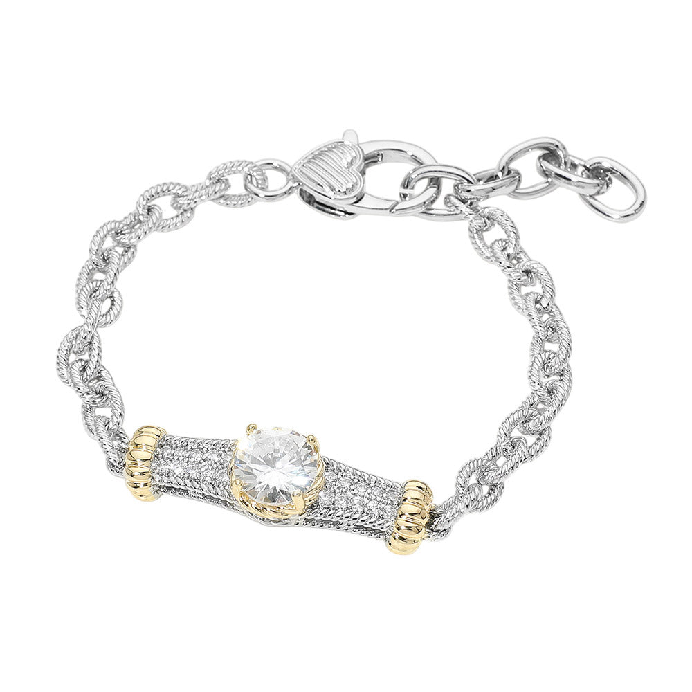 14K Gold Plated Two Tone Round CZ Stone Center Bar Accent Chain Bracelet M H W ACCESSORIES LLC 14K Gold Plated Two Tone Round CZ Stone Center Bar Accent Chain Bracelet