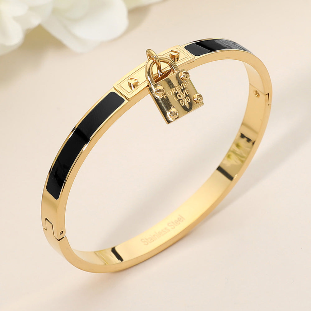 Black Stainless Steel Lock Charm Enamel Inlay Hinged Bangle Bracelet M H W ACCESSORIES LLC Black Stainless Steel Lock Charm Enamel Inlay Hinged Bangle Bracelet