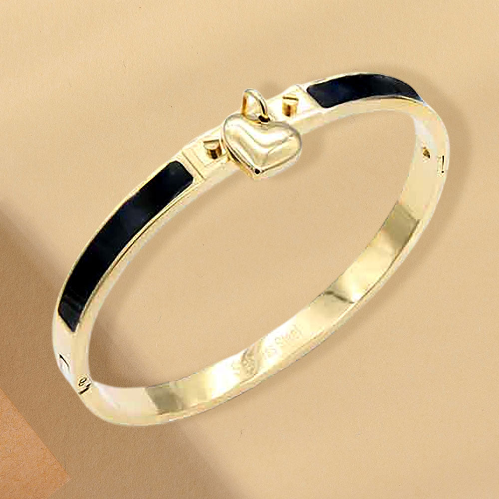 Stainless Steel Heart Charm Black Enamel Inlay Hinged Bangle Bracelet M H W ACCESSORIES LLC Stainless Steel Heart Charm Black Enamel Inlay Hinged Bangle Bracelet