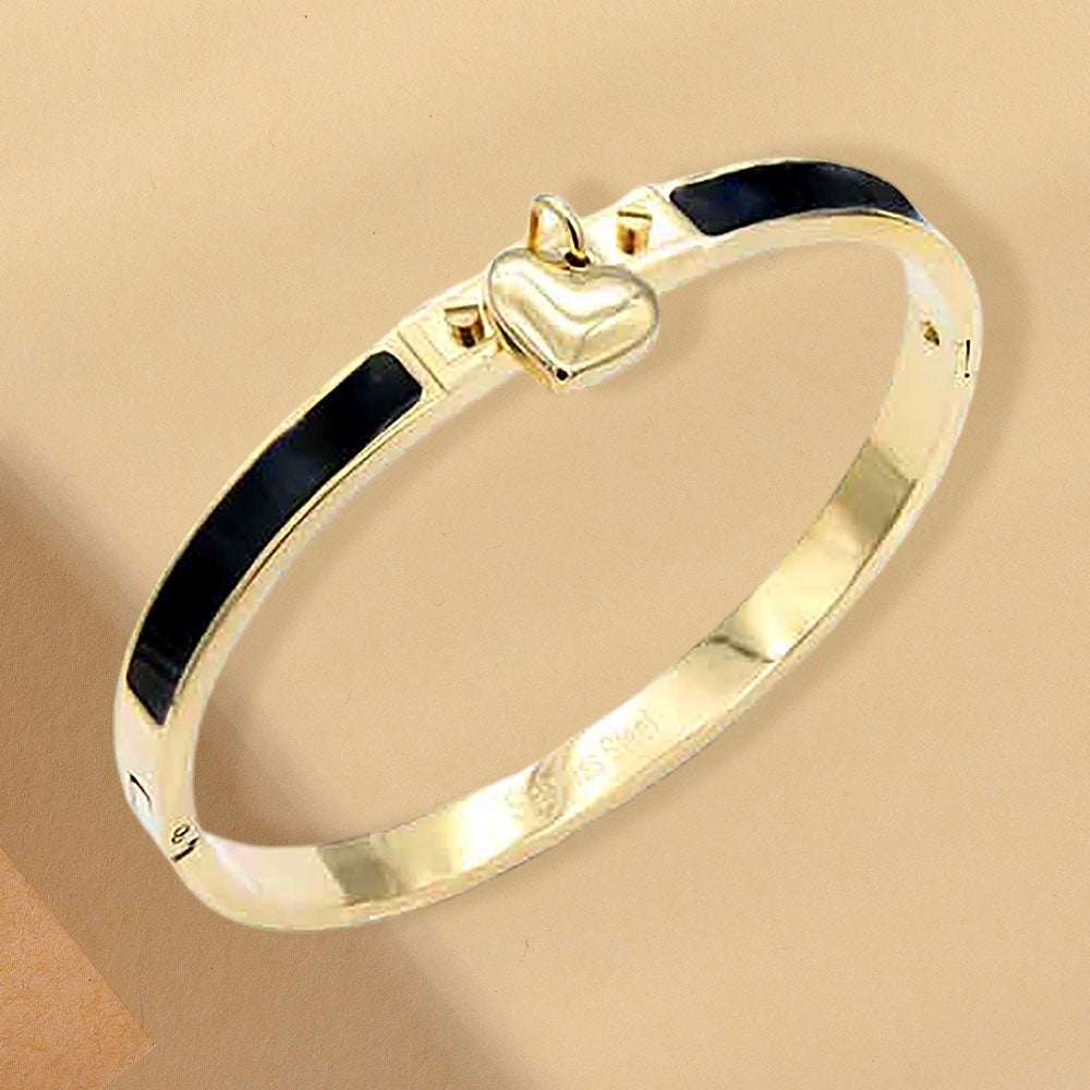 Stainless Steel Heart Charm Black Enamel Inlay Hinged Bangle Bracelet M H W ACCESSORIES LLC Stainless Steel Heart Charm Black Enamel Inlay Hinged Bangle Bracelet