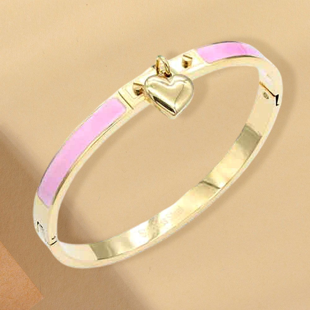 Stainless Steel Heart Charm Pink Enamel Inlay Hinged Bangle Bracelet M H W ACCESSORIES LLC Stainless Steel Heart Charm Pink Enamel Inlay Hinged Bangle Bracelet