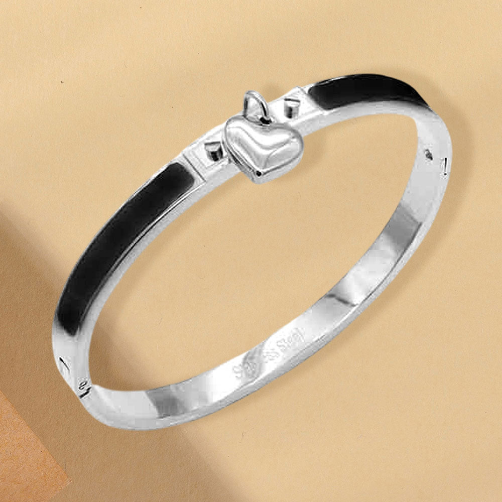 Stainless Steel Heart Charm Black & Silver Enamel Inlay Hinged Bangle Bracelet M H W ACCESSORIES LLC Stainless Steel Heart Charm Black & Silver Enamel Inlay Hinged Bangle Bracelet