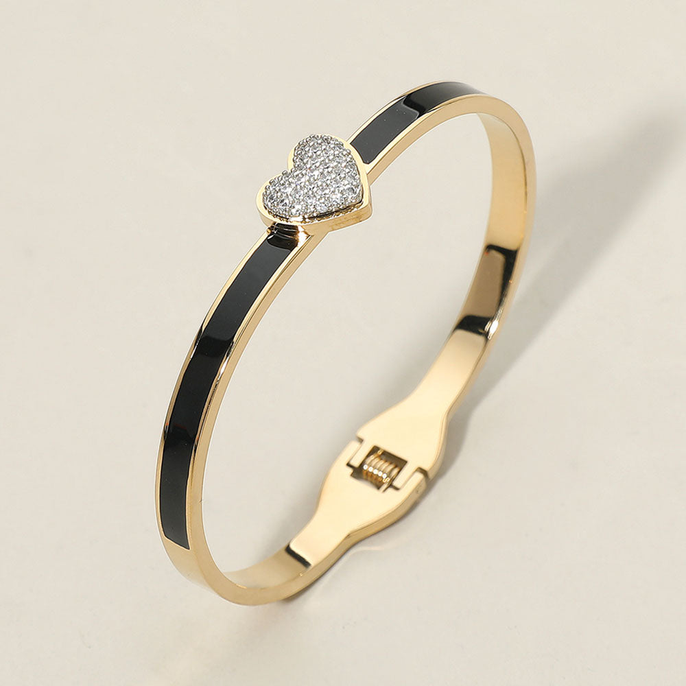 Stainless Steel CZ Black Paved Heart Accent Hinged Bangle Bracelet M H W ACCESSORIES LLC Stainless Steel CZ Black Paved Heart Accent Hinged Bangle Bracelet
