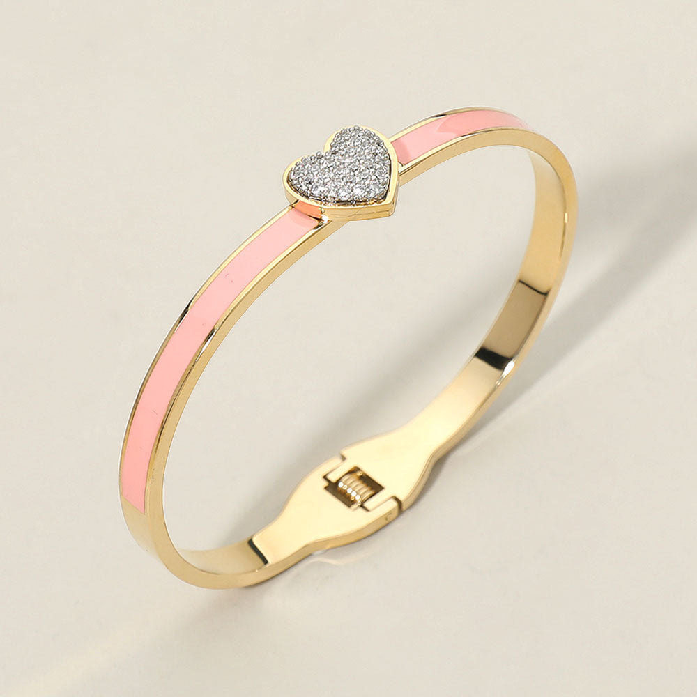 Stainless Steel CZ Pink Paved Heart Accent Hinged Bangle Bracelet M H W ACCESSORIES LLC Stainless Steel CZ Pink Paved Heart Accent Hinged Bangle Bracelet