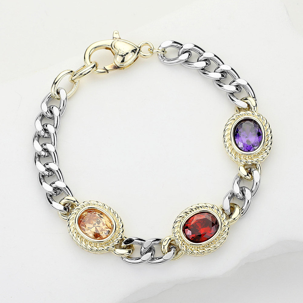 14K Gold Plated Two Tone Colored Oval CZ Stone Cluster Link Accented Chain Bracelet