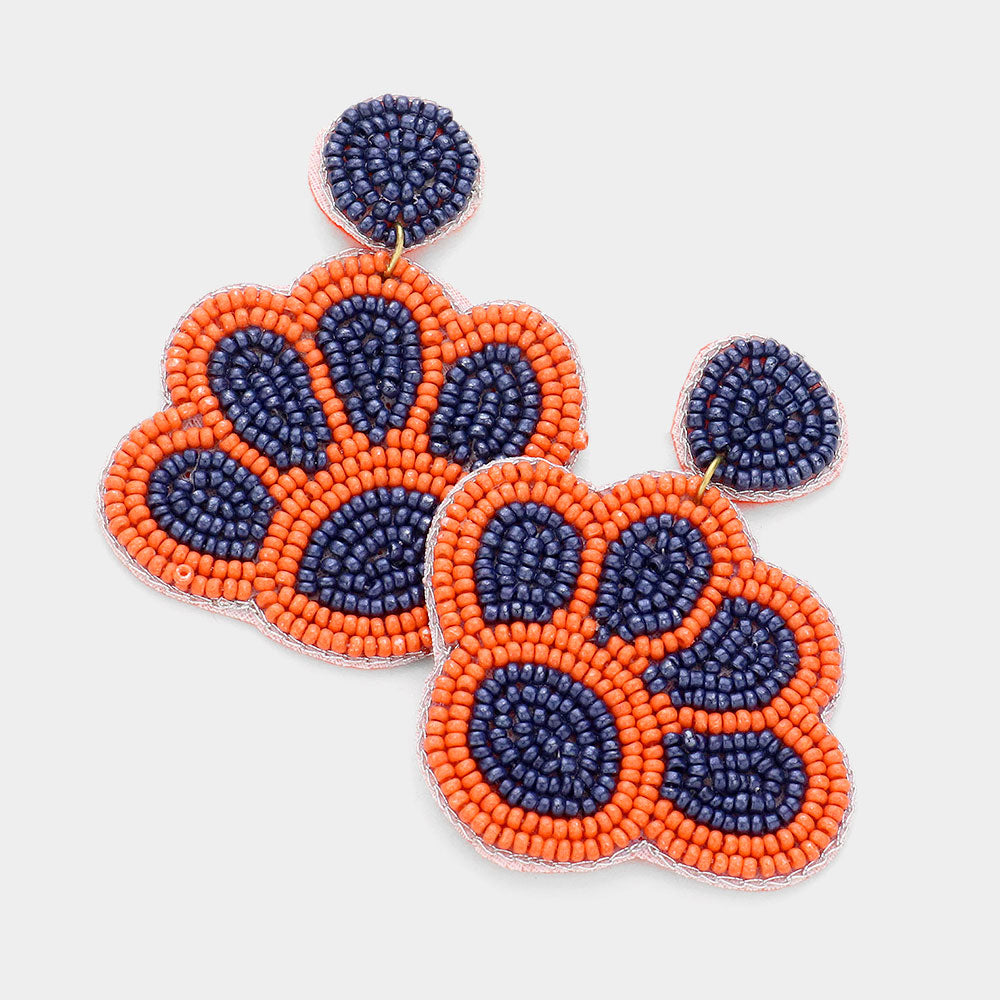 Blue & Orange Felt Back Seed Beaded Paw Dangle Earrings M H W ACCESSORIES LLC Blue & Orange Felt Back Seed Beaded Paw Dangle Earrings