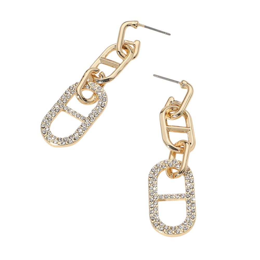 Paved Anchor Gold link Dangle Earrings M H W ACCESSORIES LLC Paved Anchor Gold link Dangle Earrings