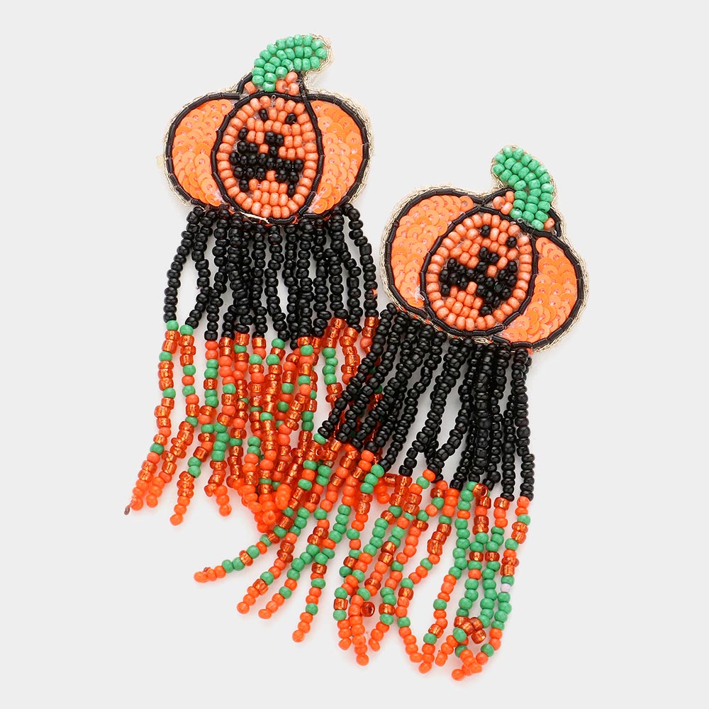 Felt Back Sequin Pumpkin Seed Beaded Fringe Dangle Earrings M H W ACCESSORIES LLC Felt Back Sequin Pumpkin Seed Beaded Fringe Dangle Earrings
