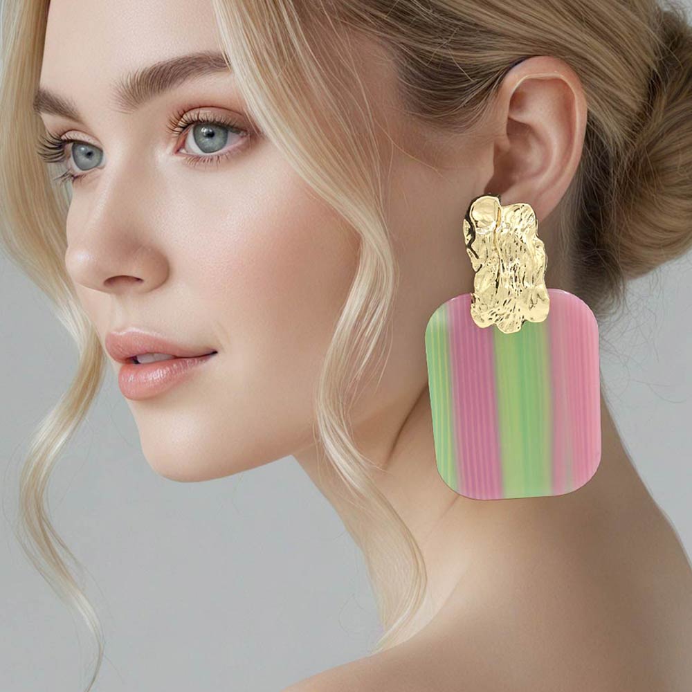 Pink & Green Oversized Patterned Celluloid Acetate Plate Accent Door Knocker Earrings M H W ACCESSORIES LLC Pink & Green Oversized Patterned Celluloid Acetate Plate Accent Door Knocker Earrings