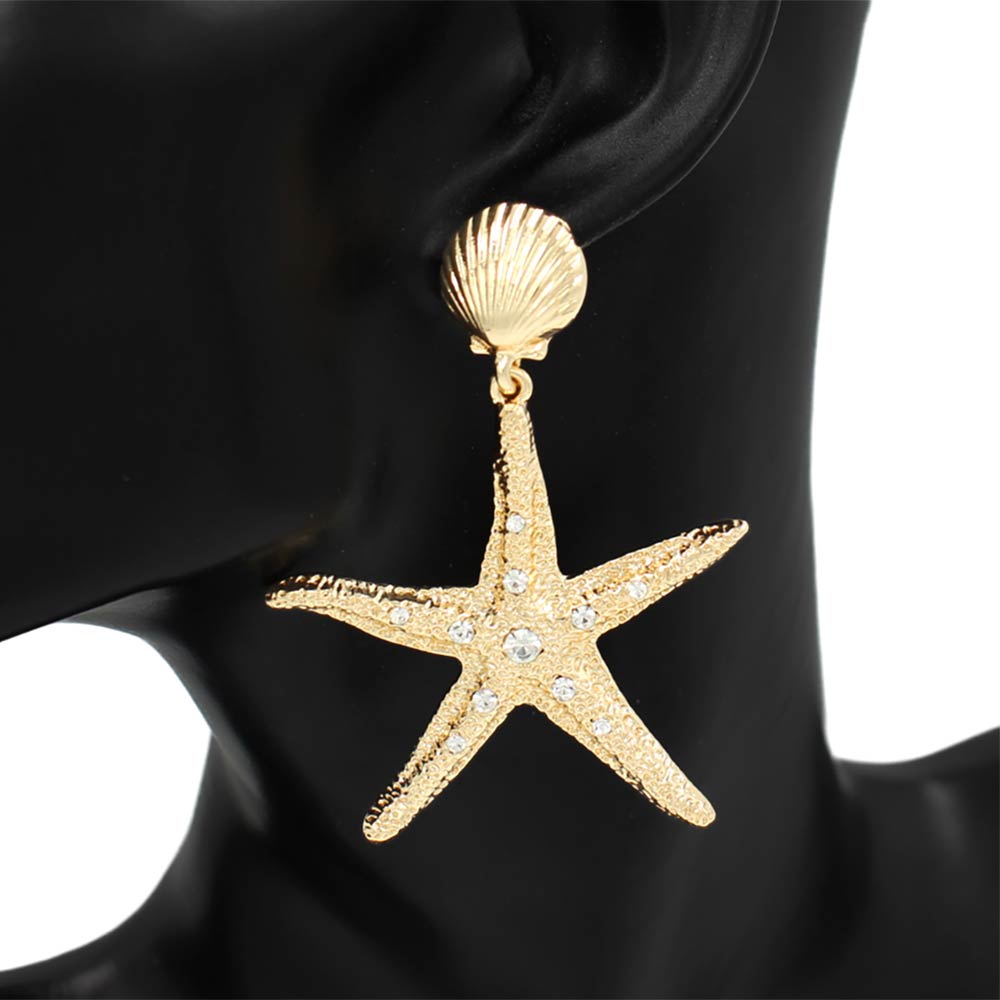 Bold Seashell Rhinestone Accent Textured Starfish Drop Statement Earrings M H W ACCESSORIES LLC Bold Seashell Rhinestone Accent Textured Starfish Drop Statement Earrings