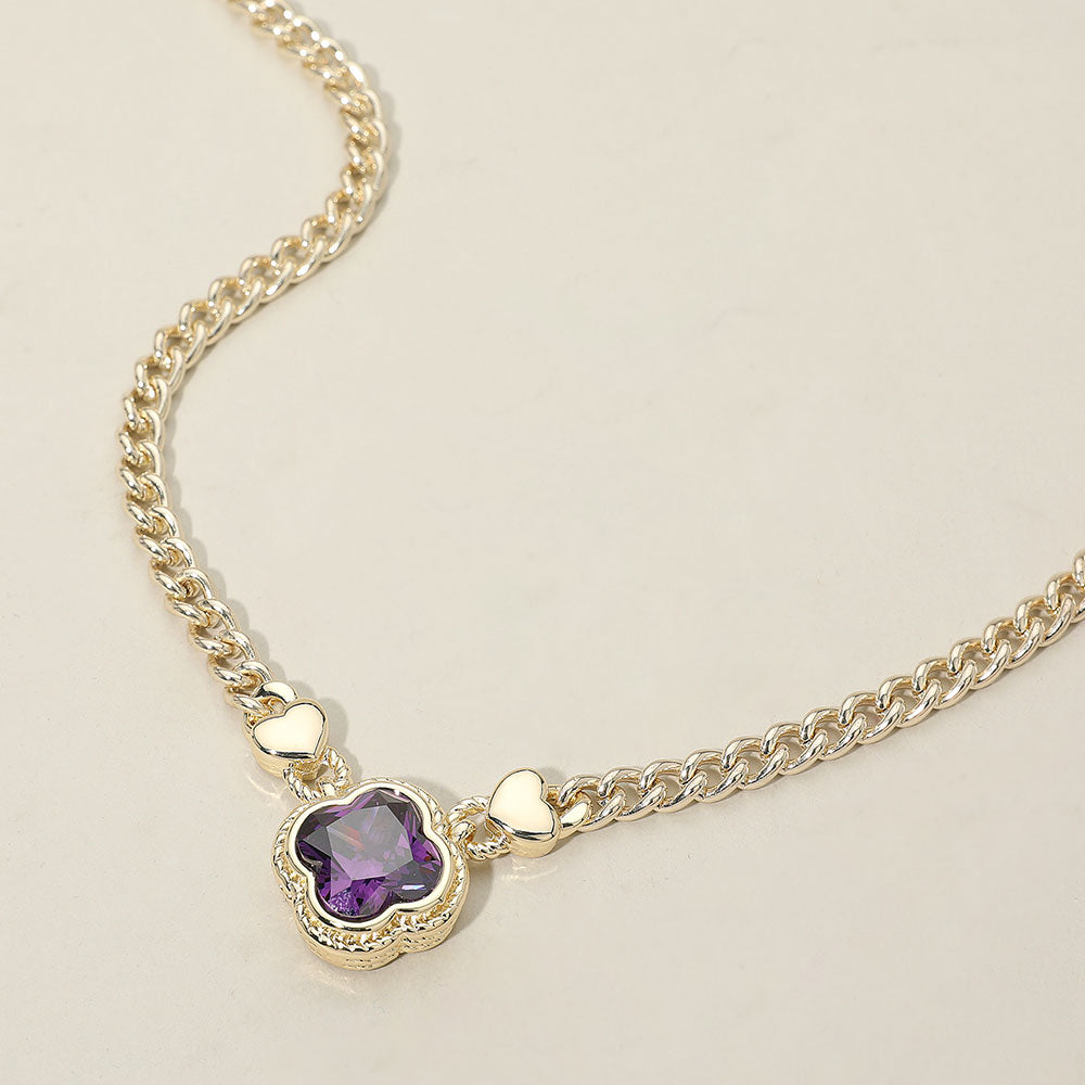 14K Gold Plated Purple CZ Quatrefoil Pendant Pointed Chain Necklace M H W ACCESSORIES LLC 14K Gold Plated Purple CZ Quatrefoil Pendant Pointed Chain Necklace