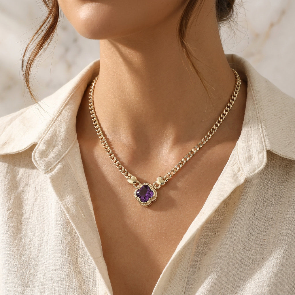 14K Gold Plated Purple CZ Quatrefoil Pendant Pointed Chain Necklace M H W ACCESSORIES LLC 14K Gold Plated Purple CZ Quatrefoil Pendant Pointed Chain Necklace