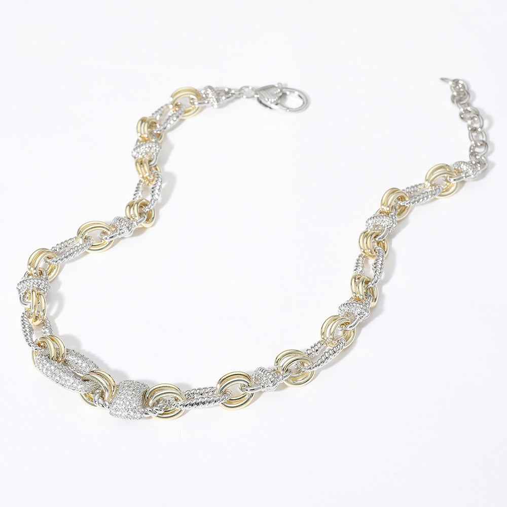 14K Gold Plated Two Tone CZ Paved Mariner Link Necklace