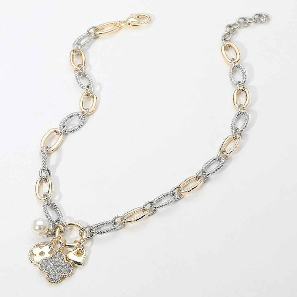 14K Gold Plated CZ Paved Quatrefoil Pearl Metal Heart Pendant Two Tone Chunky Chain Necklace