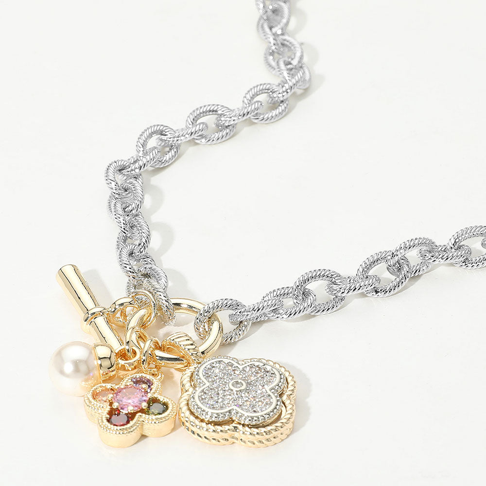 14K Gold Plated Two Tone CZ Paved Quatrefoil Cluster Pearl Charm Accent Necklace