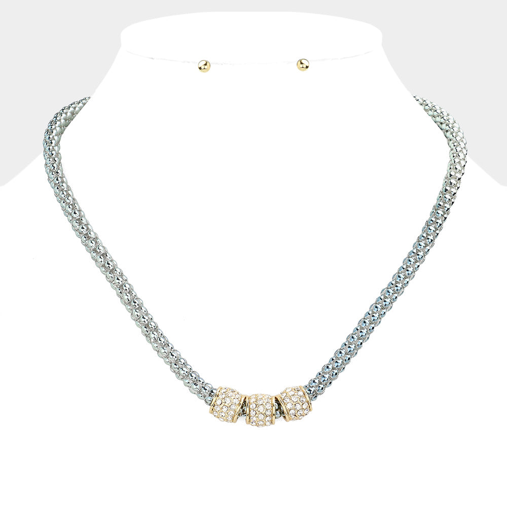 Gray Rhinestone Embellished Triple Ring Accented Necklace