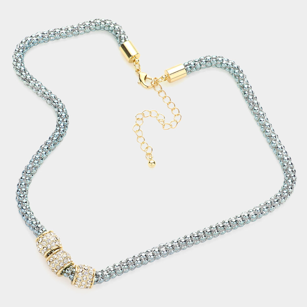 Gray Rhinestone Embellished Triple Ring Accented Necklace
