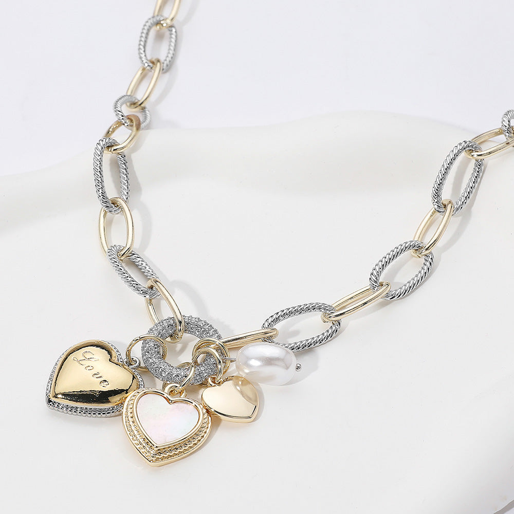 Two Tone 14K Gold Plated CZ Ring LOVE Message Engraved Mother of Pearl Heart Pearl Charm Pendant Necklace