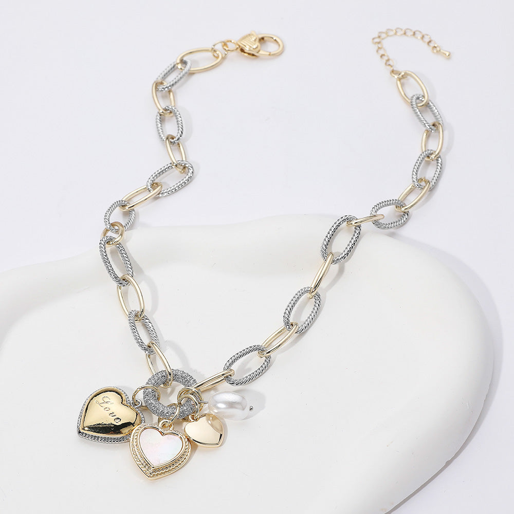 Two Tone 14K Gold Plated CZ Ring LOVE Message Engraved Mother of Pearl Heart Pearl Charm Pendant Necklace