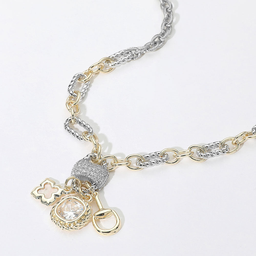 14K Gold Plated Two Tone CZ Paved Cluster Accent Open Clover Cluster Horsebit Charm Pendant Necklace M H W ACCESSORIES LLC 14K Gold Plated Two Tone CZ Paved Cluster Accent Open Clover Cluster Horsebit Charm Pendant Necklace