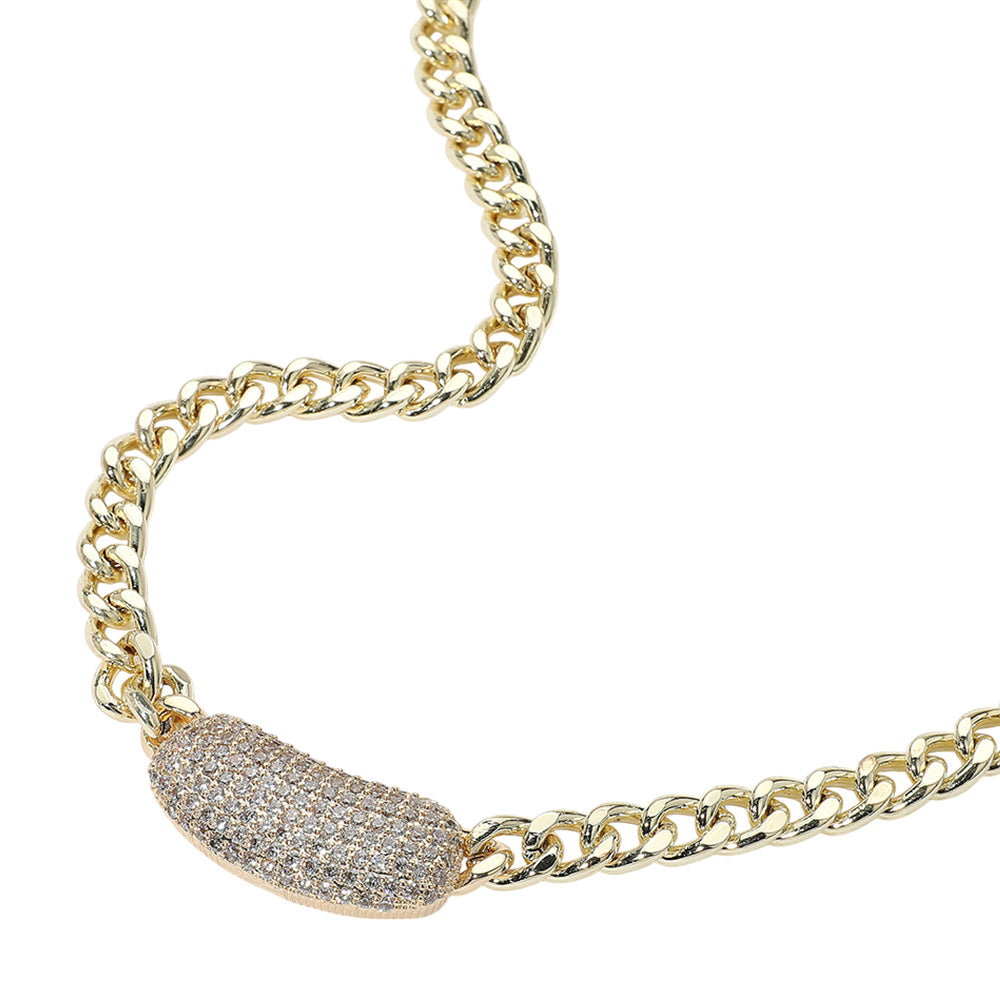 14K Gold Plated CZ Paved Bean Bar Pendant Curb Chain Necklace