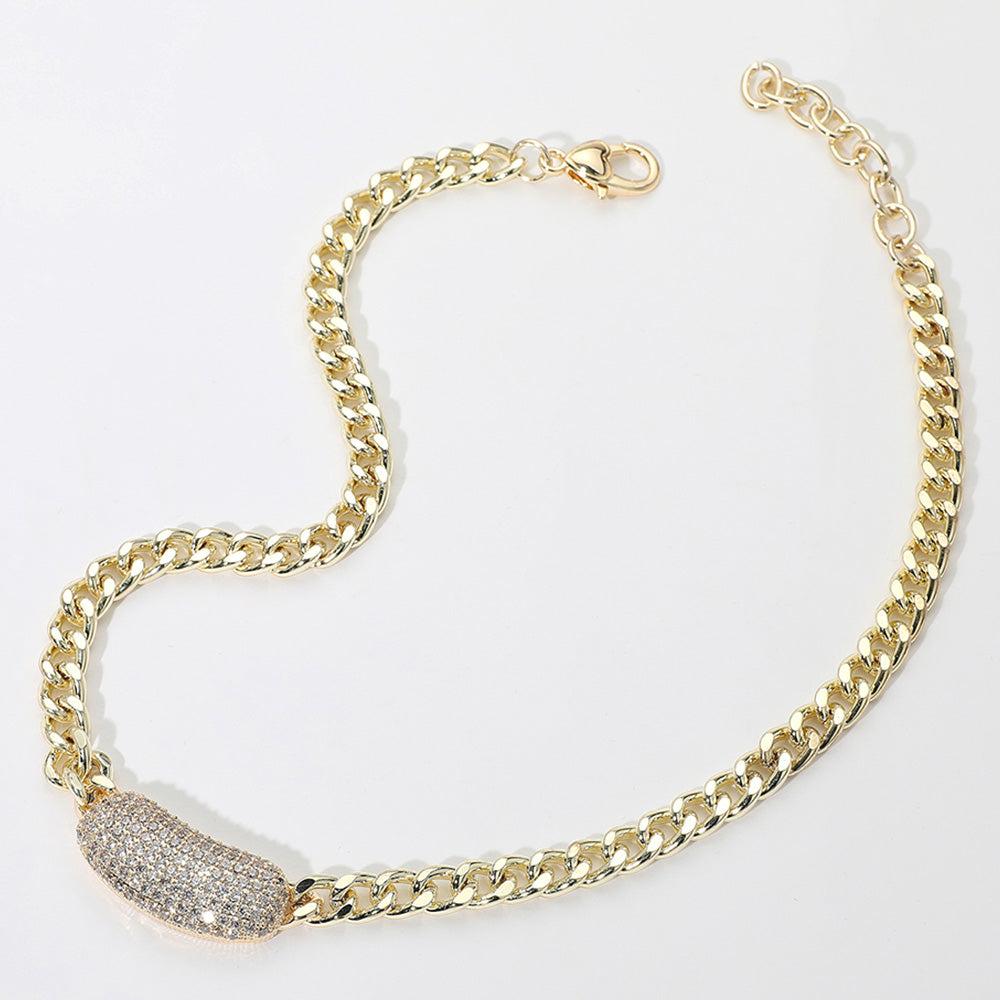 14K Gold Plated CZ Paved Bean Bar Pendant Curb Chain Necklace