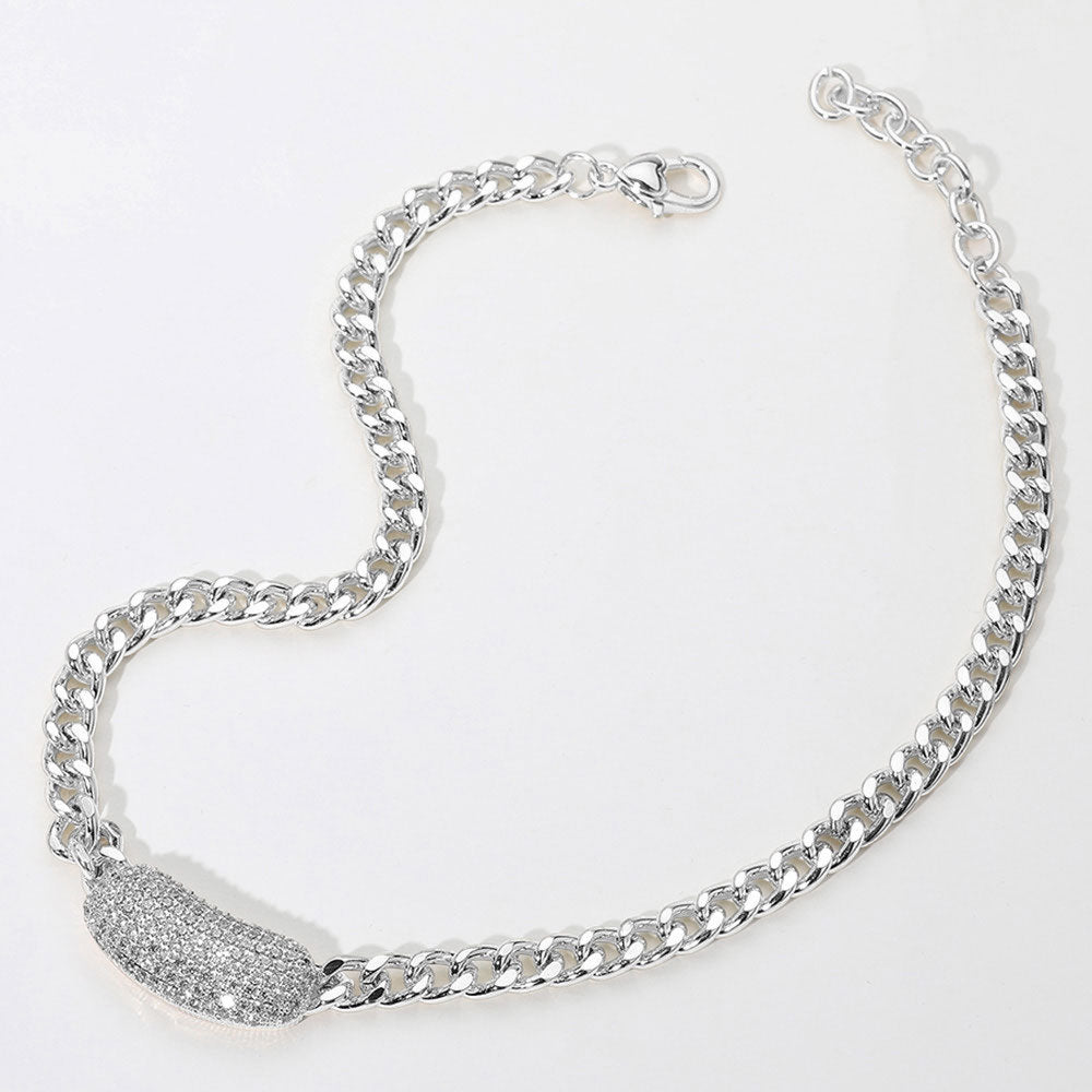 Rhodium CZ Paved Bean Bar Pendant Curb Chain Necklace