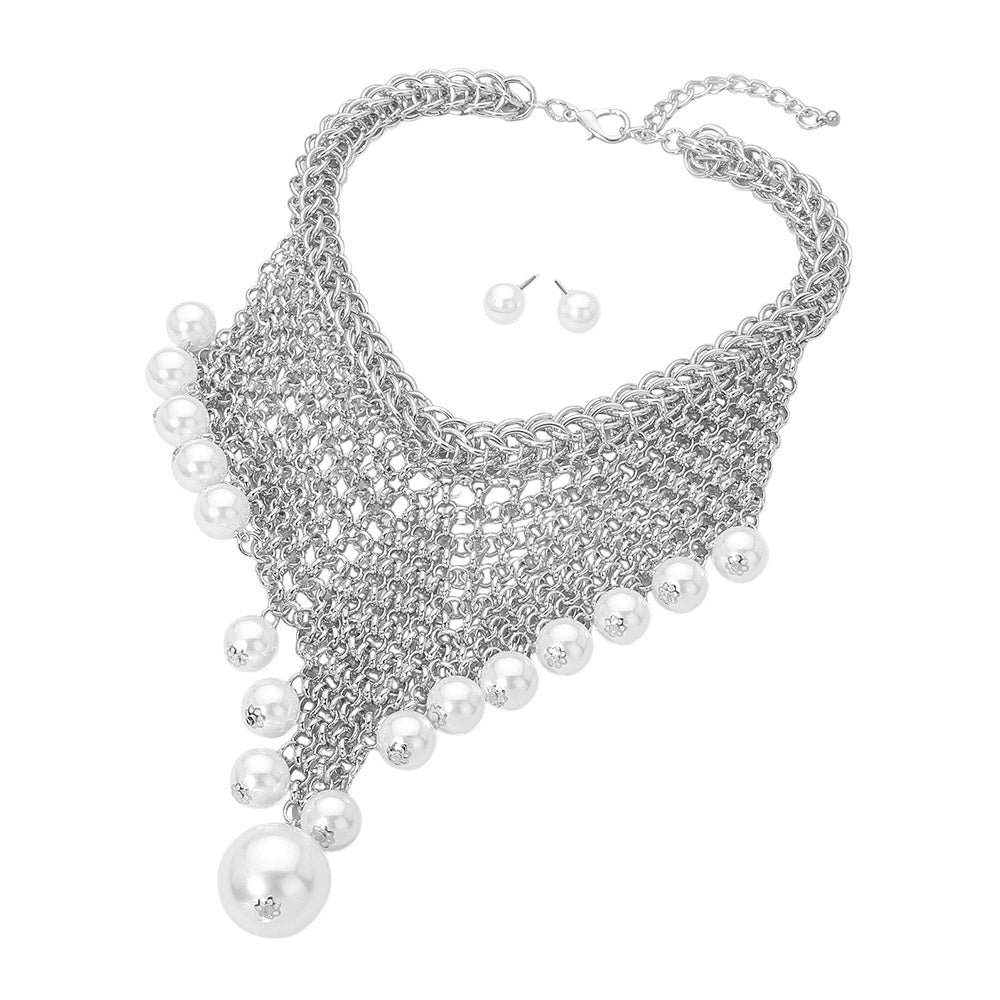 Bold Oversized Pearl Drop Layered Mesh Statement Necklace M H W ACCESSORIES LLC Bold Oversized Pearl Drop Layered Mesh Statement Necklace