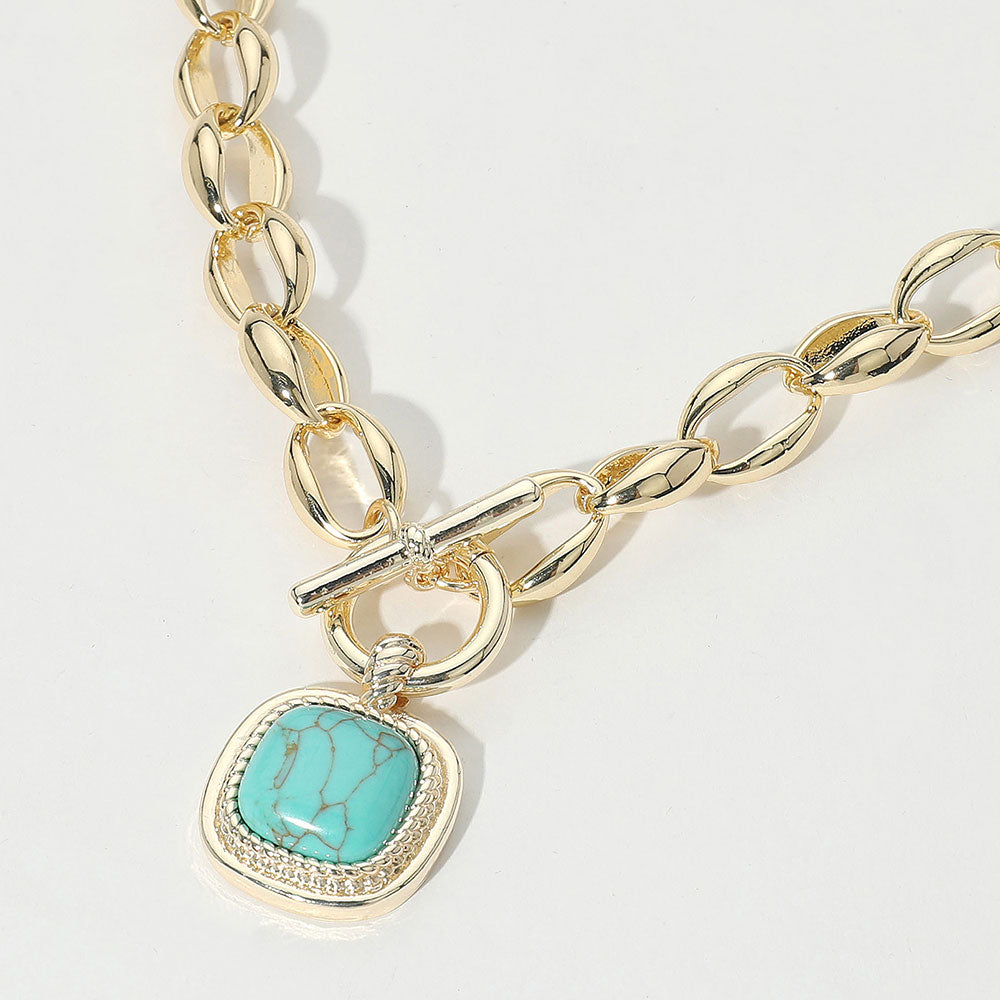 14K Gold Plated Bold Square Turquoise Stone Pendant Toggle Necklace M H W ACCESSORIES LLC 14K Gold Plated Bold Square Turquoise Stone Pendant Toggle Necklace