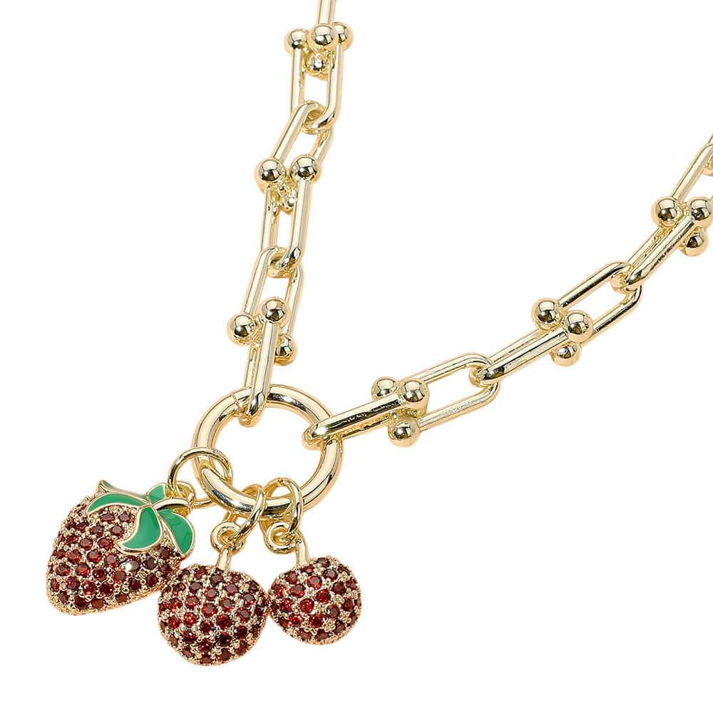 14K Gold Plated CZ Strawberry Cherry Charm Pendant Hardware Chunky Chain Necklace