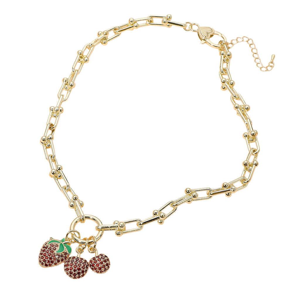 14K Gold Plated CZ Strawberry Cherry Charm Pendant Hardware Chunky Chain Necklace
