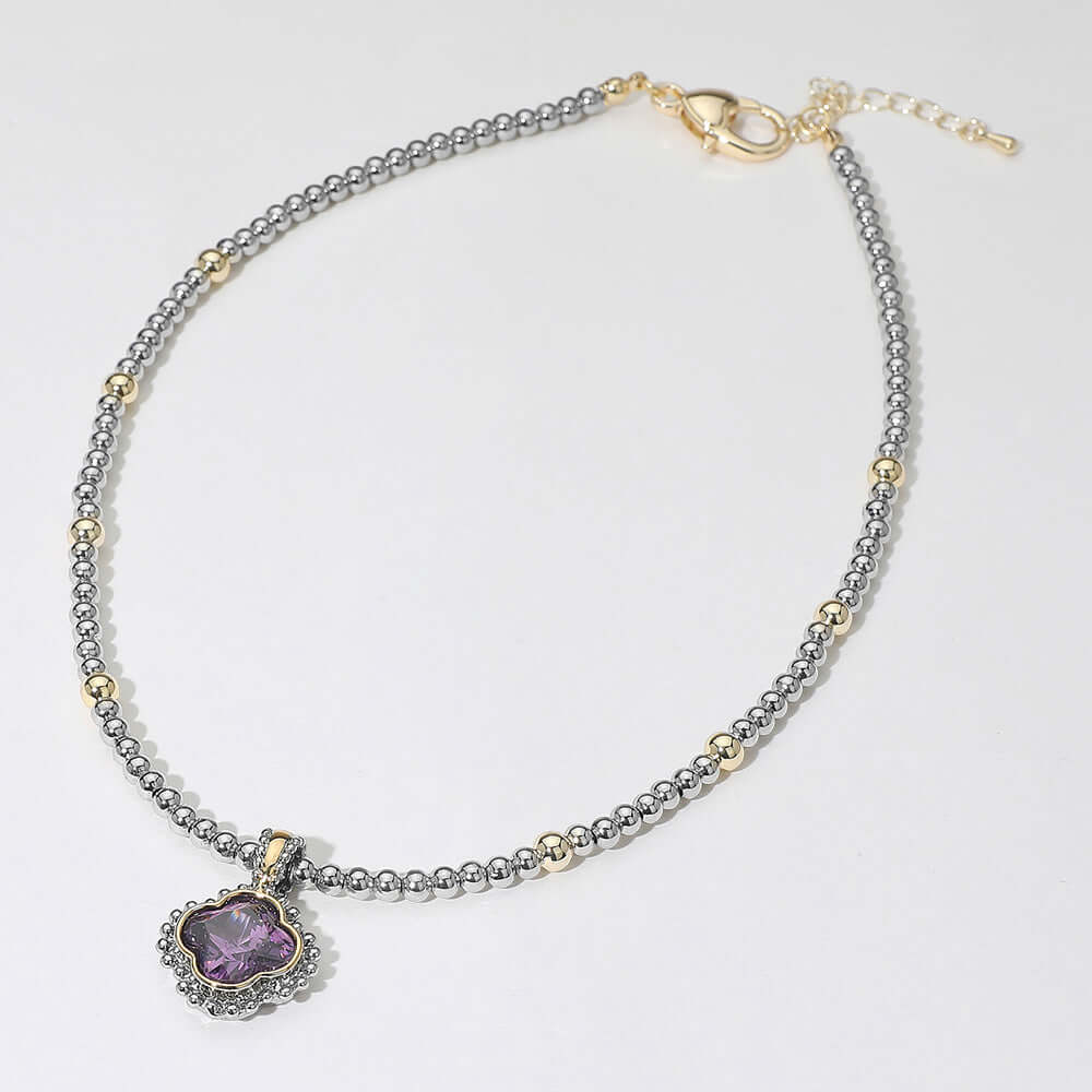 14K Gold Plated Purple CZ Quatrefoil Pendant Two Tone Ball Beaded Necklace