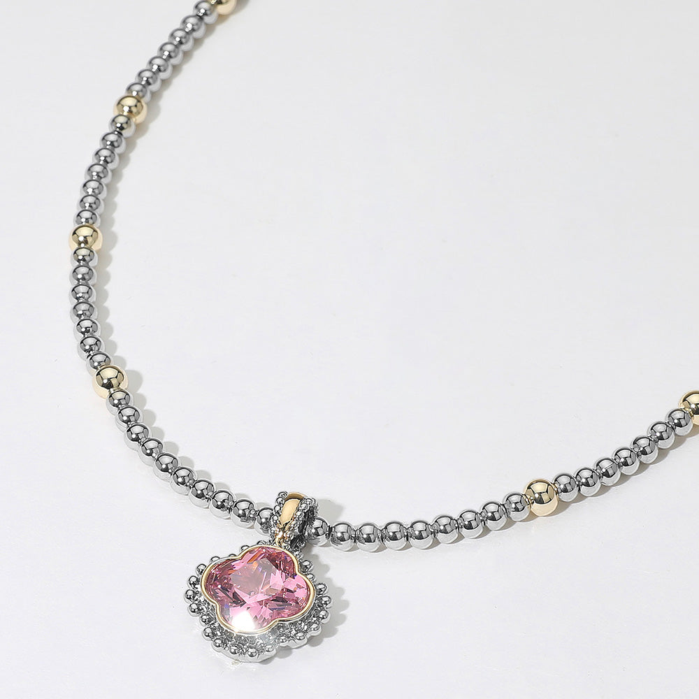 14K Gold Plated Pink CZ Quatrefoil Two Tone Beaded Necklace