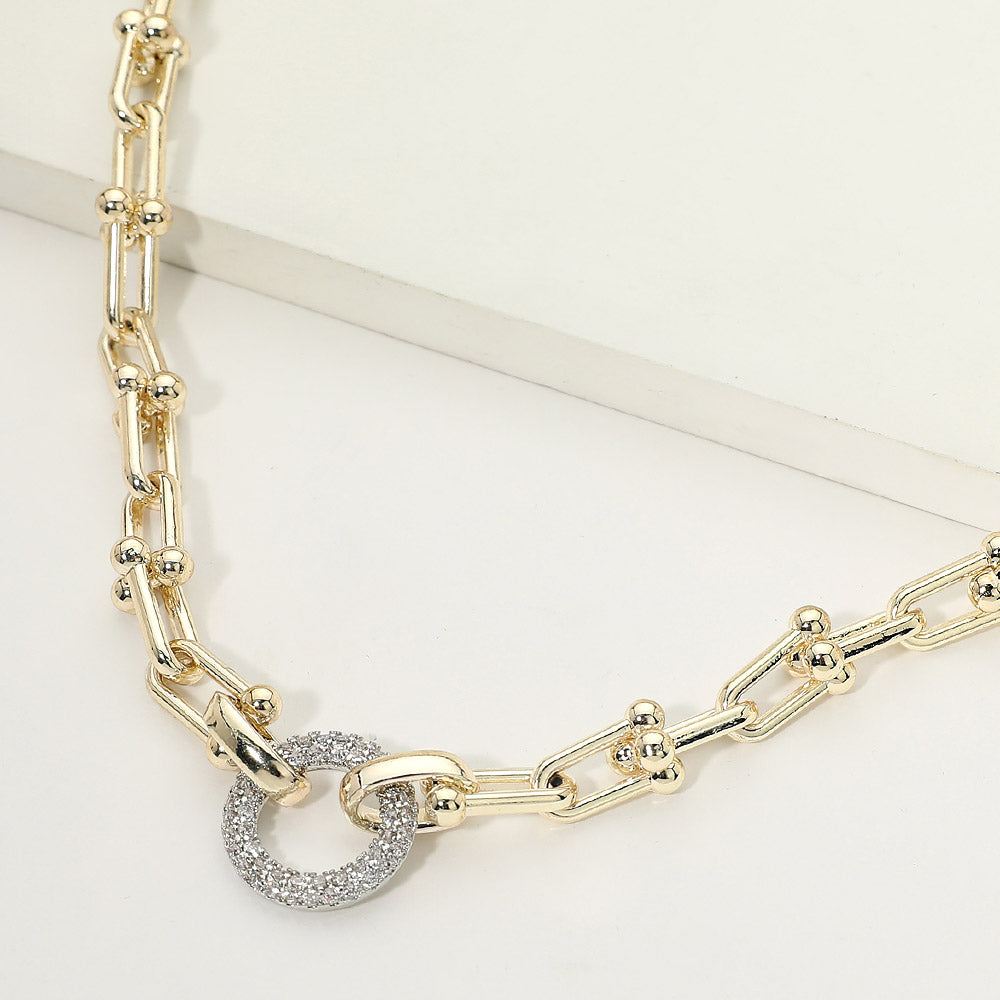 14K Gold Plated CZ Stone Paved Ring Accent Industrial Chain Necklace M H W ACCESSORIES LLC 14K Gold Plated CZ Stone Paved Ring Accent Industrial Chain Necklace