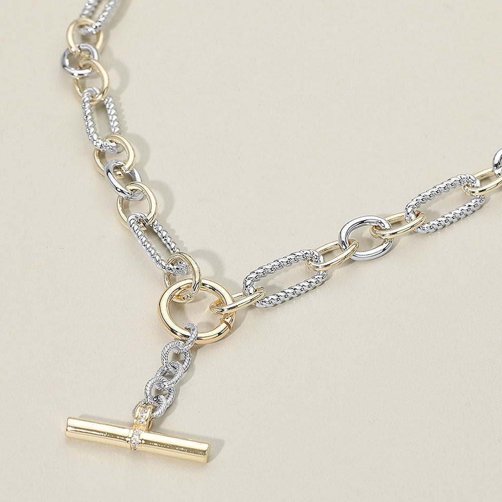 14K Gold Plated Two Tone CZ Stone Paved Toggle Pendant Chunky Chain Necklace M H W ACCESSORIES LLC 14K Gold Plated Two Tone CZ Stone Paved Toggle Pendant Chunky Chain Necklace