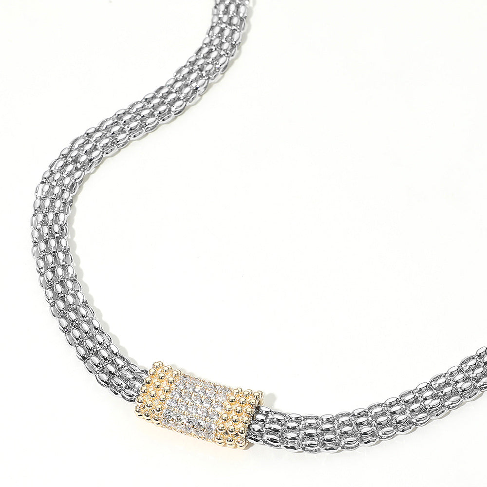 14K Gold Plated Two Tone CZ Rectangular Plate Accent Mesh Chain Necklace M H W ACCESSORIES LLC 14K Gold Plated Two Tone CZ Rectangular Plate Accent Mesh Chain Necklace