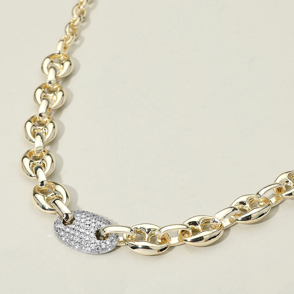 14K Gold Plated Two Tone CZ Stone Paved Mariner Link Chain Necklace
