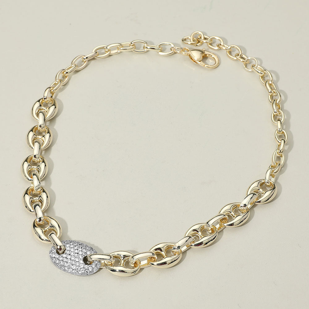 14K Gold Plated Two Tone CZ Stone Paved Mariner Link Chain Necklace