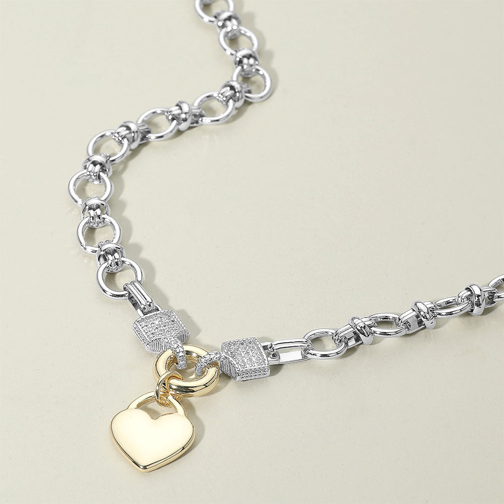 14K Gold-Plated Two-Tone Heart Pendant CZ Paved Link Chain Necklace