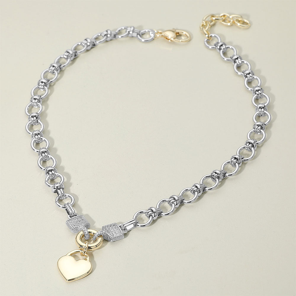 14K Gold-Plated Two-Tone Heart Pendant CZ Paved Link Chain Necklace