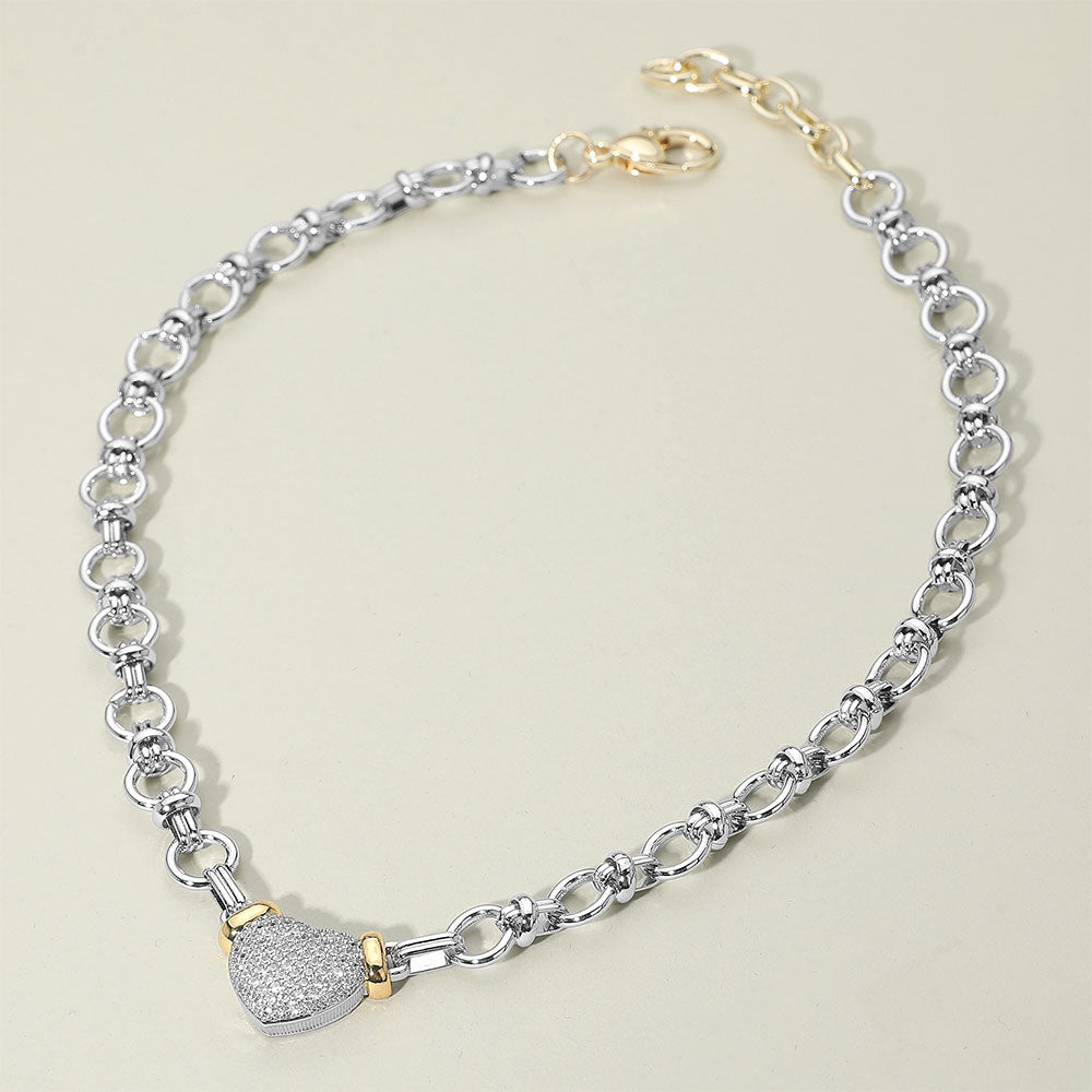 14K Gold Plated Two Tone CZ Heart Pendant Chunky Chain Link Necklace