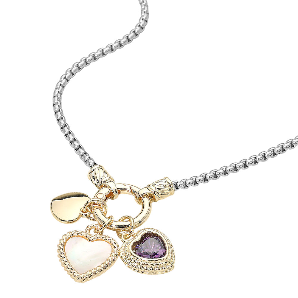 Radiant Heart: 14K Two-Tone Pearl & Purple CZ Necklace