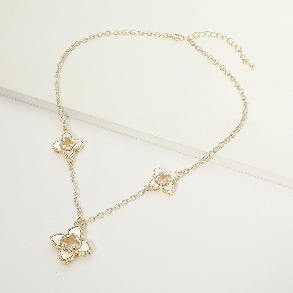 14K Gold Plated CZ Rim Mother of Pearl Floral Charm Link Necklace M H W ACCESSORIES LLC 14K Gold Plated CZ Rim Mother of Pearl Floral Charm Link Necklace